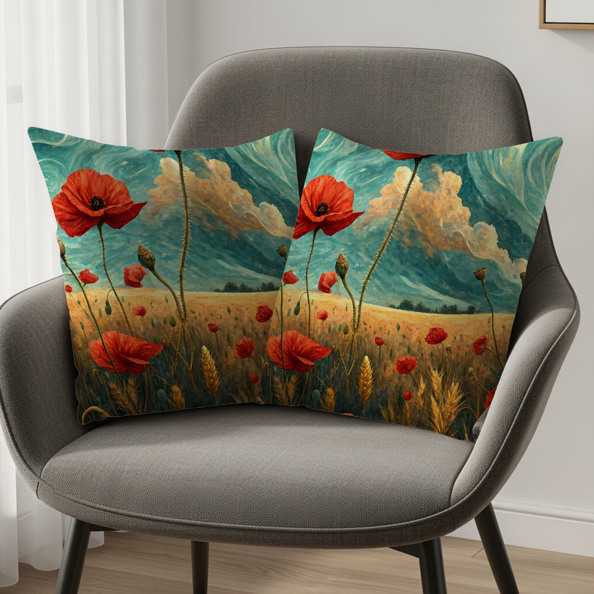 Red Poppy Field Under Sky in Painted Style Throw Pillows - Walk Greener