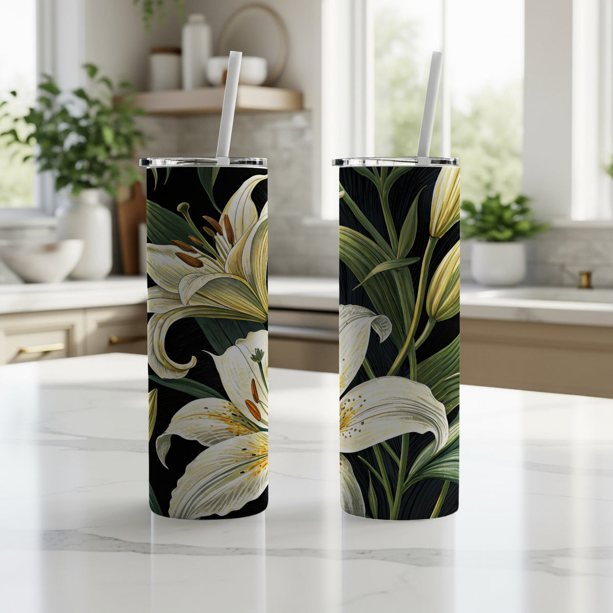 Back view of black stainless steel tumbler with white lily botanical print