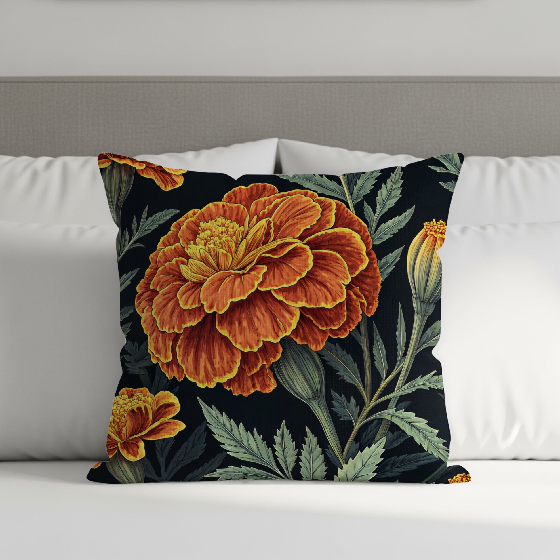 Vibrant Marigold Garden Art Deco Style Decorative Floral Throw Pillows - Walk Greener