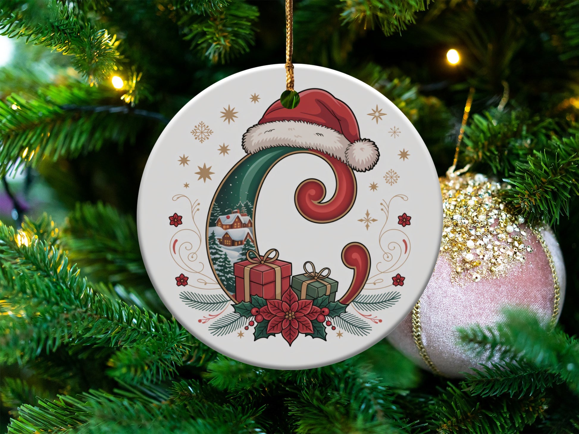 Festive Holiday Ornament with Presents and Snowman product