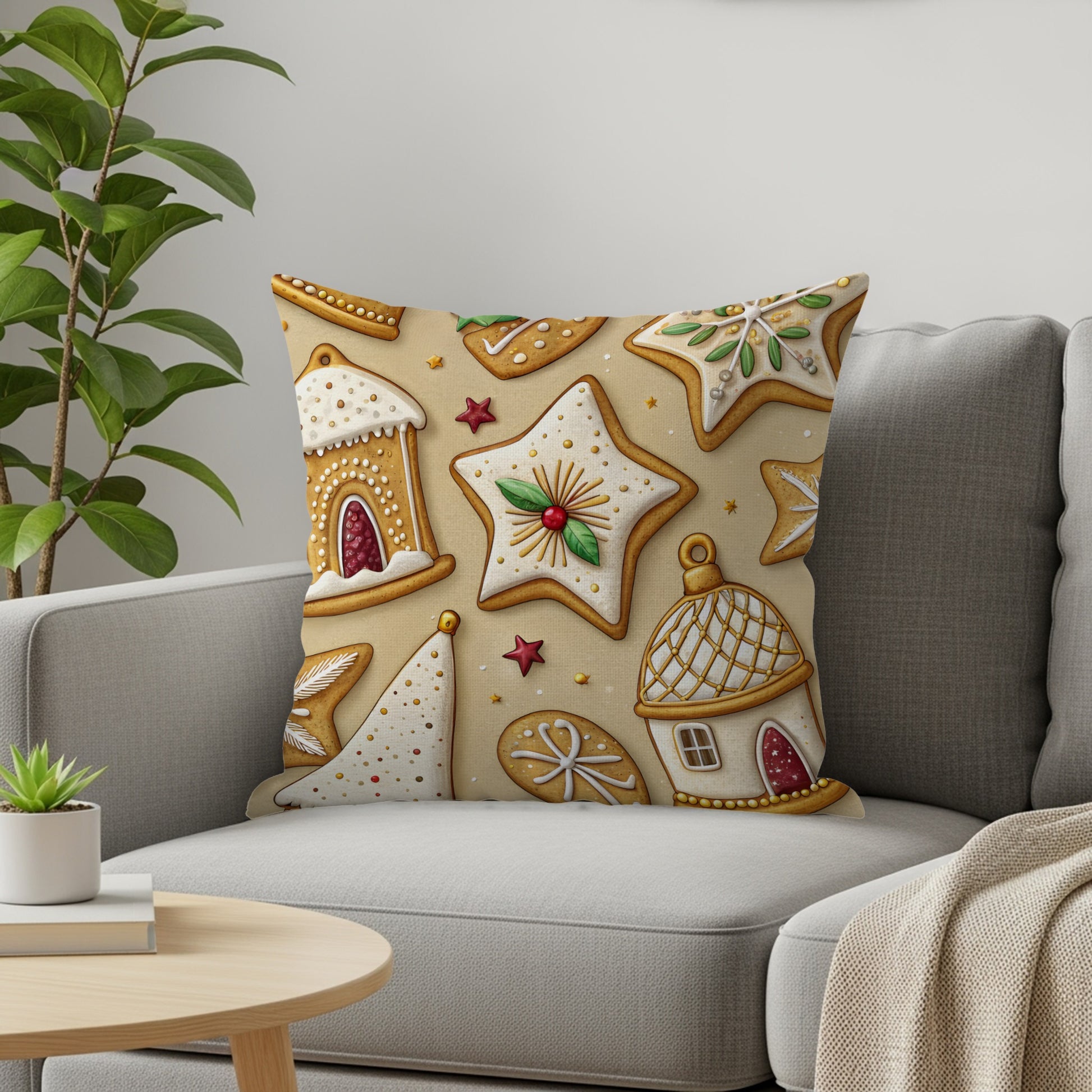 Festive Gingerbread Cookie Pattern Decorative Pillow