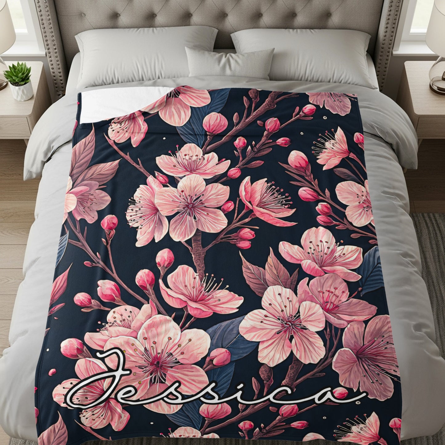 Floral Custom Name Blanket With Pretty Pink Blooms Design - Walk Greener