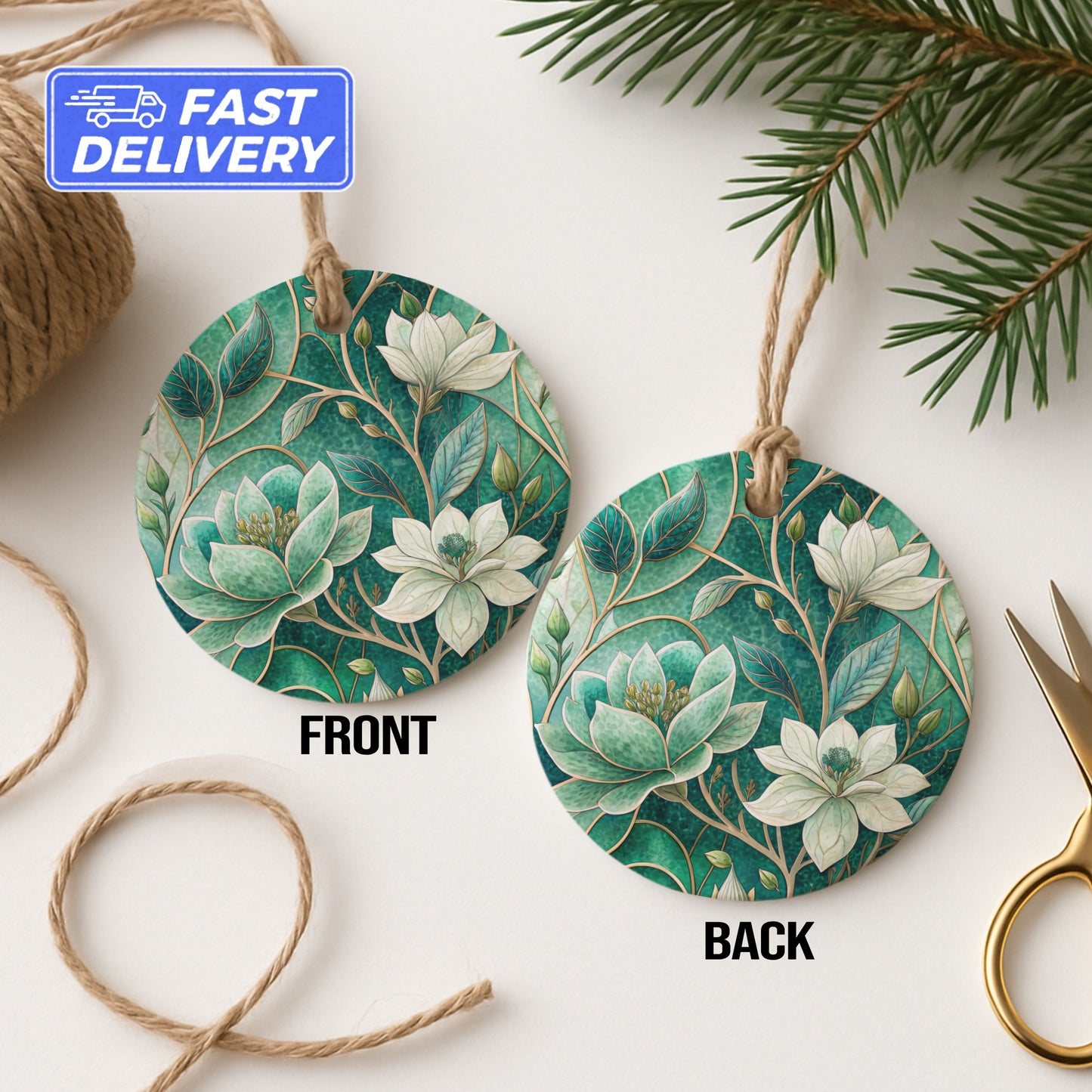 Floral Green and White Pattern Round Hanging Ornament