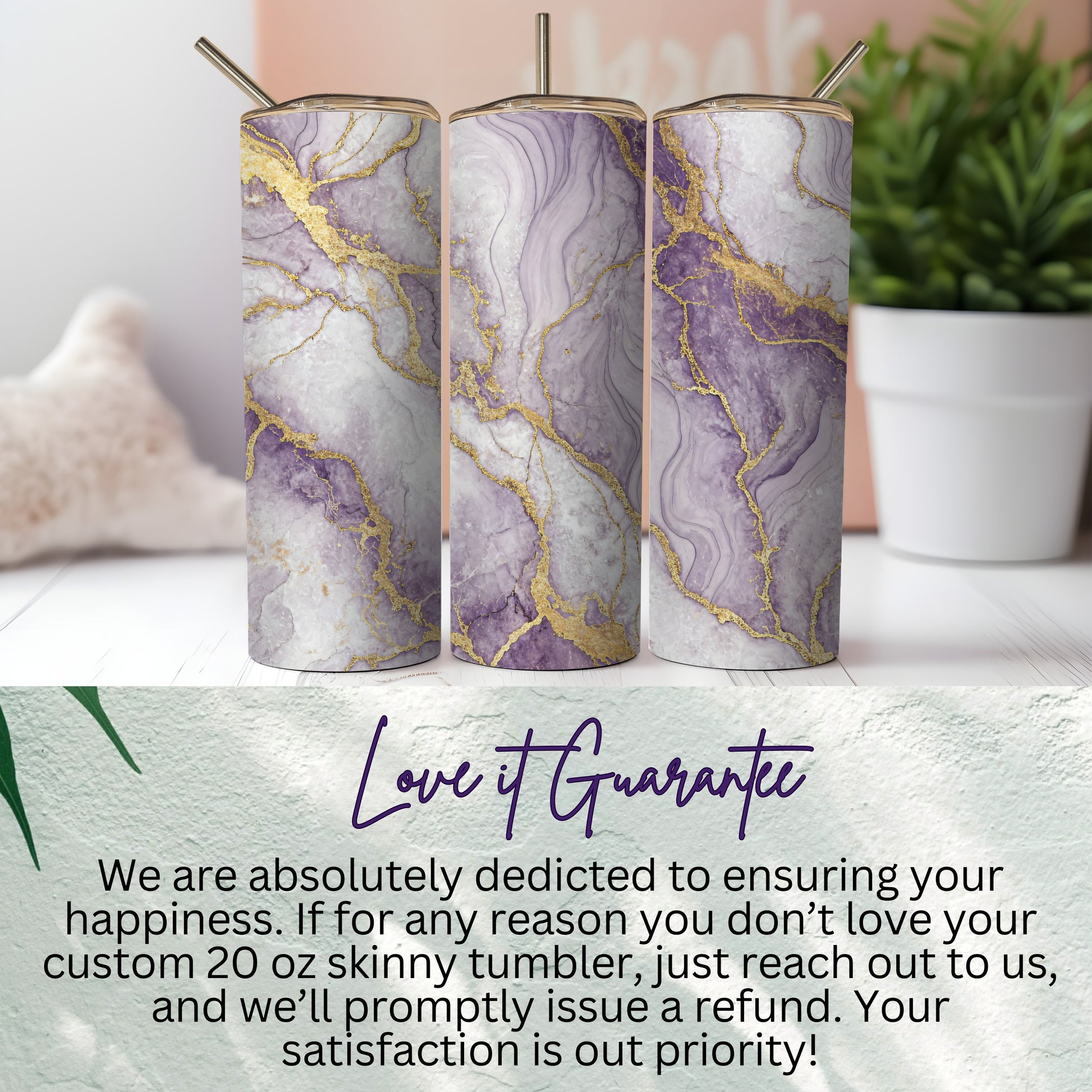 Custom 20 oz Skinny Tumbler with Purple Marble Design