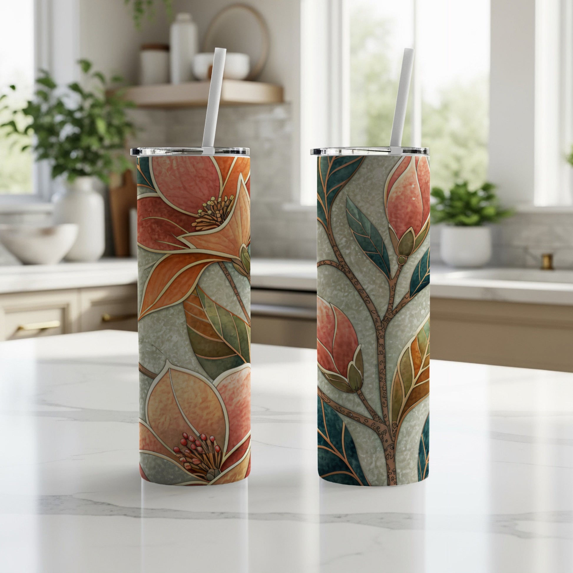 Peach Blossom Floral Design 20 oz Skinny Tumbler - Walk Greener