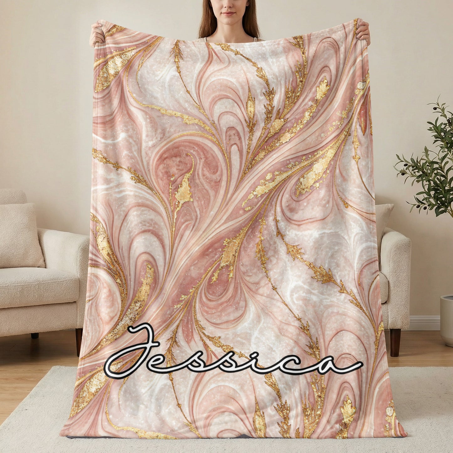 Rose Gold Marble Custom Name Personalized Unique Blanket - Walk Greener