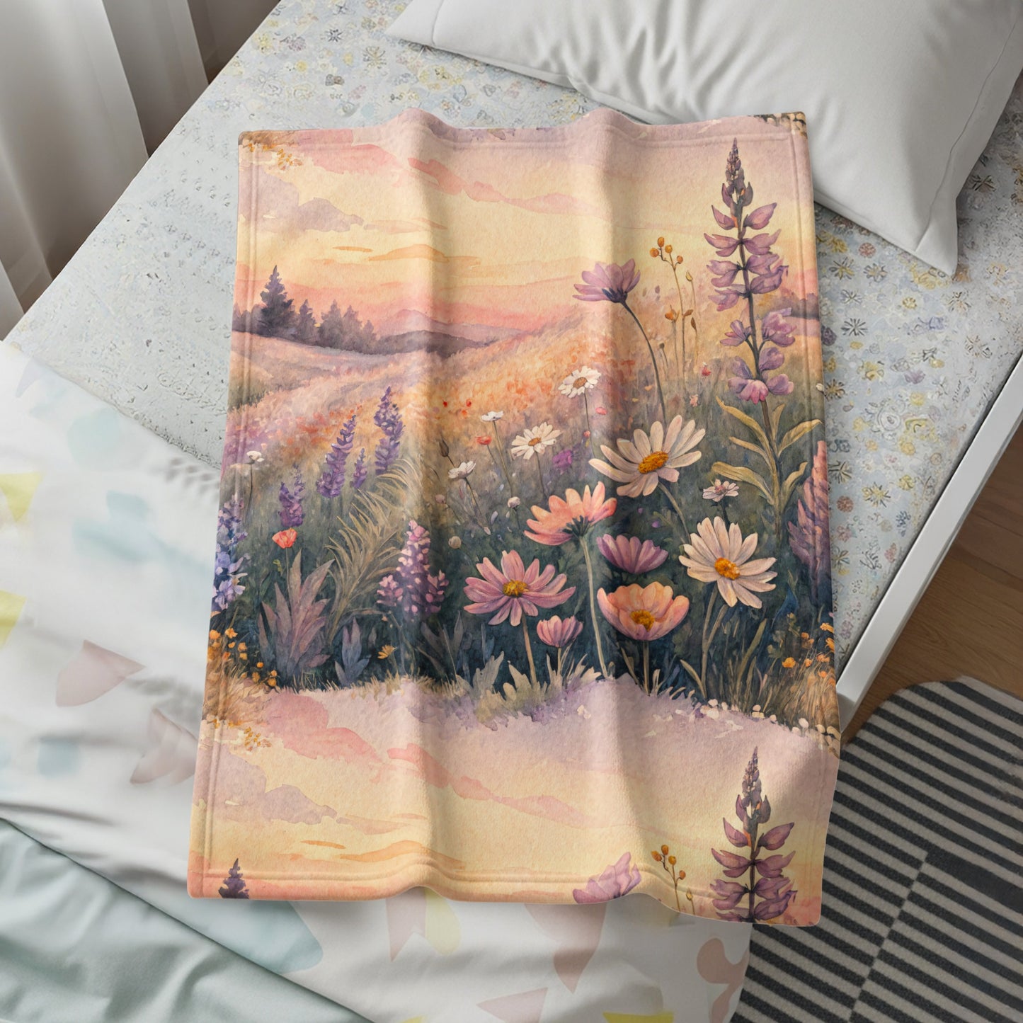 Floral Meadow Landscape Sunset in Watercolor Painting - Walk Greener