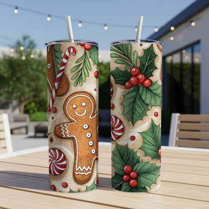 Festive Gingerbread and Holly Stainless Steel Tumbler