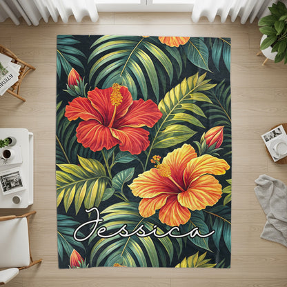 Tropical Hibiscus Flowers Custom Name Printed Blankets - Walk Greener
