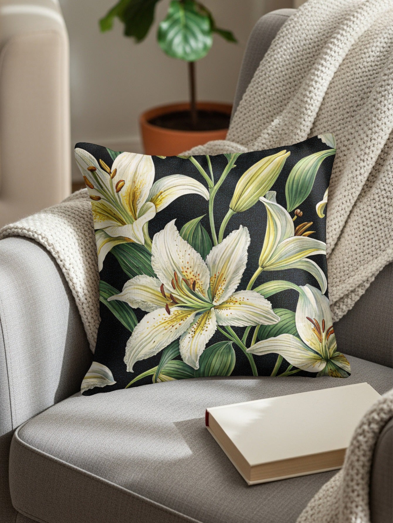 Elegant White Lily Floral Design Throw Pillow