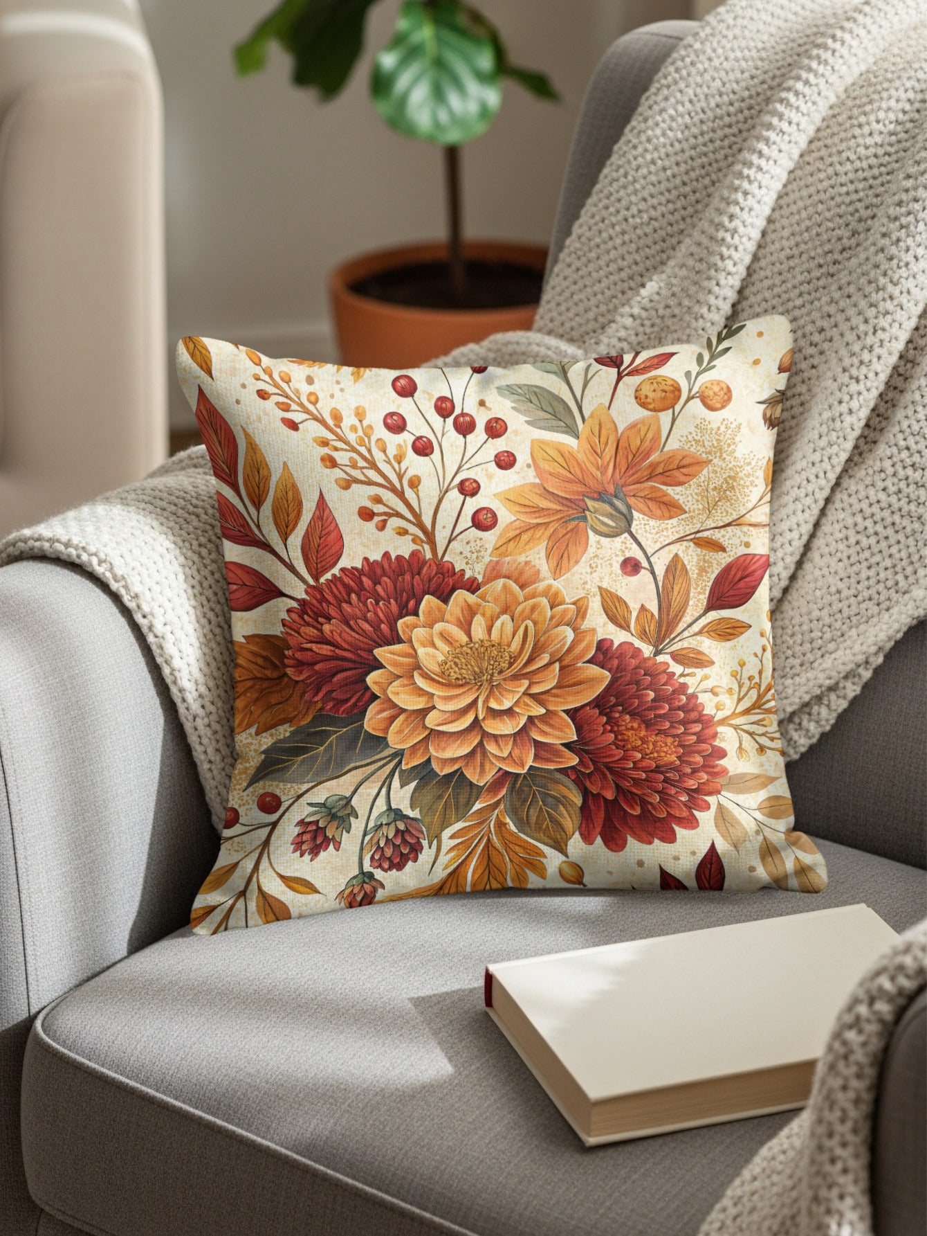 Autumn Floral Pattern Throw Pillow for Cozy Home Decor