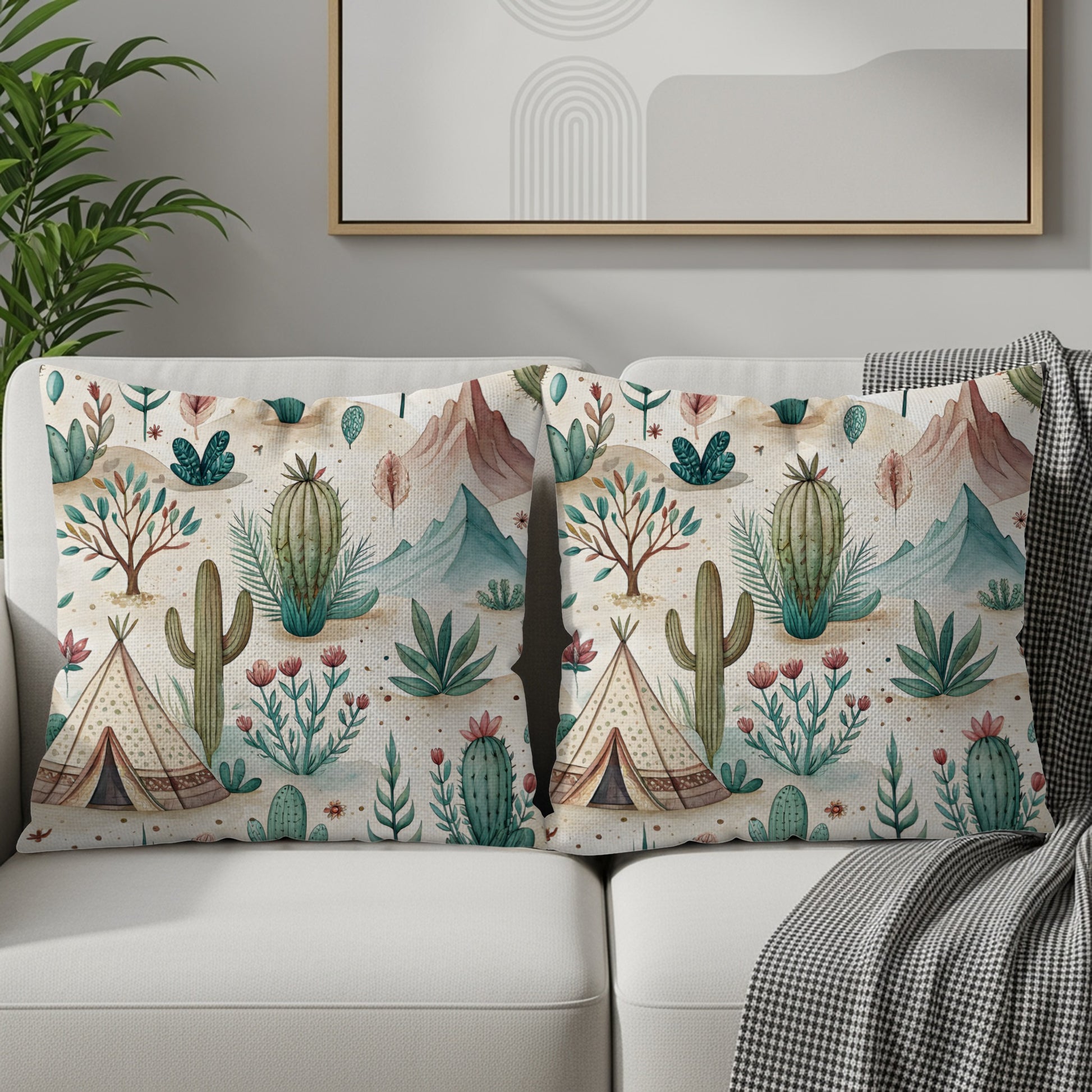 Watercolor Desert Scene Cactus and Tent Pattern Pillows & Pillow Cases - Walk Greener