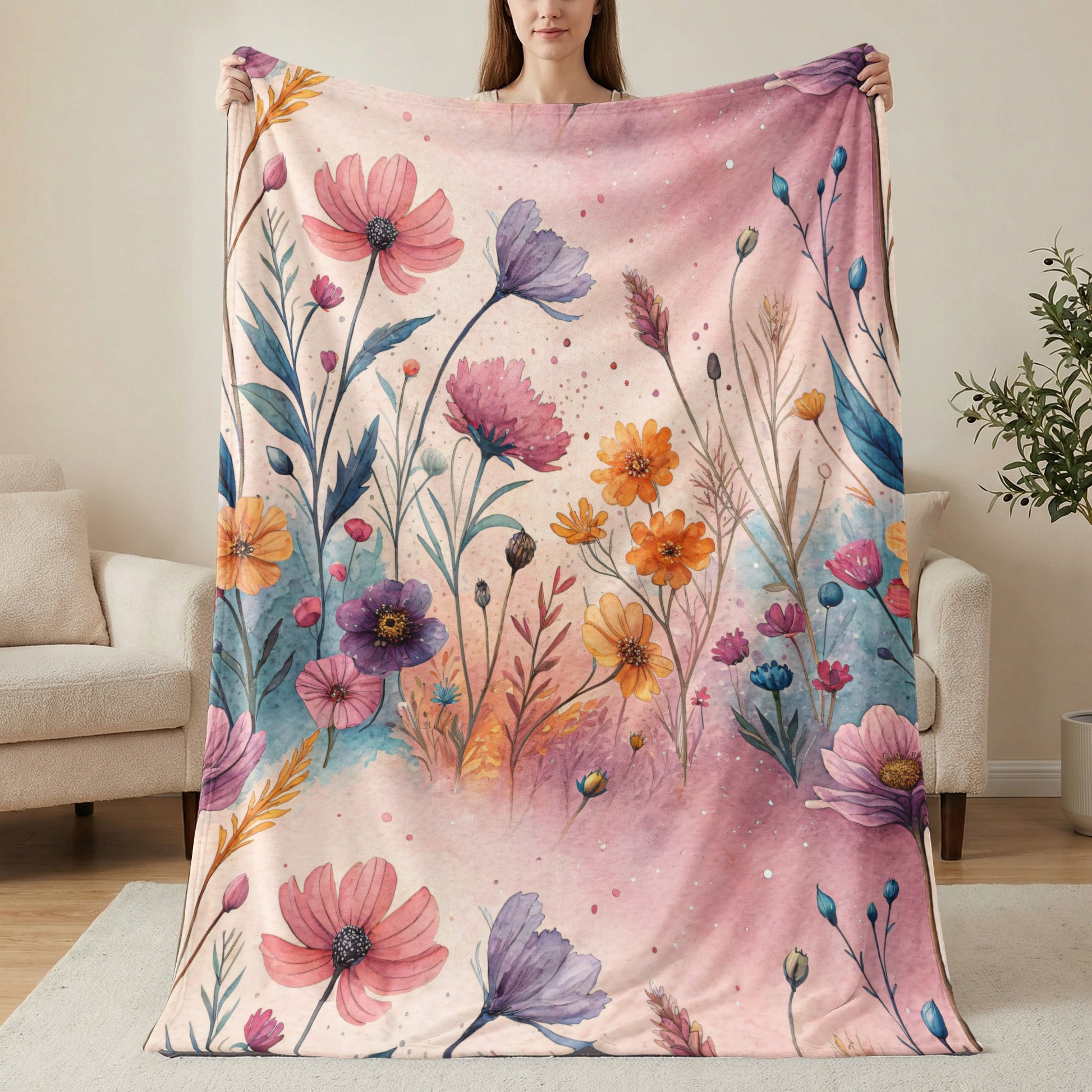 Watercolor Floral Garden On Pale Pink Design Velveteen Plush Blankets - Walk Greener