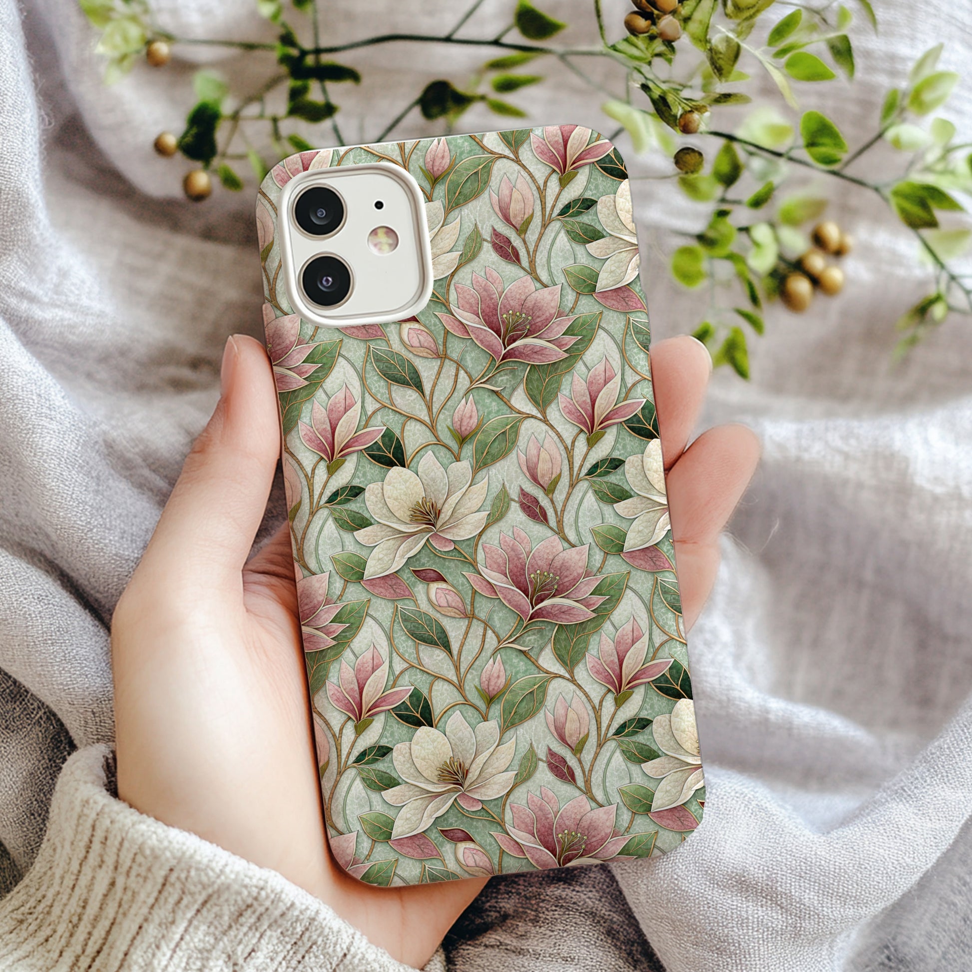 Floral Patterned Case with Pink and Green Leaves Design