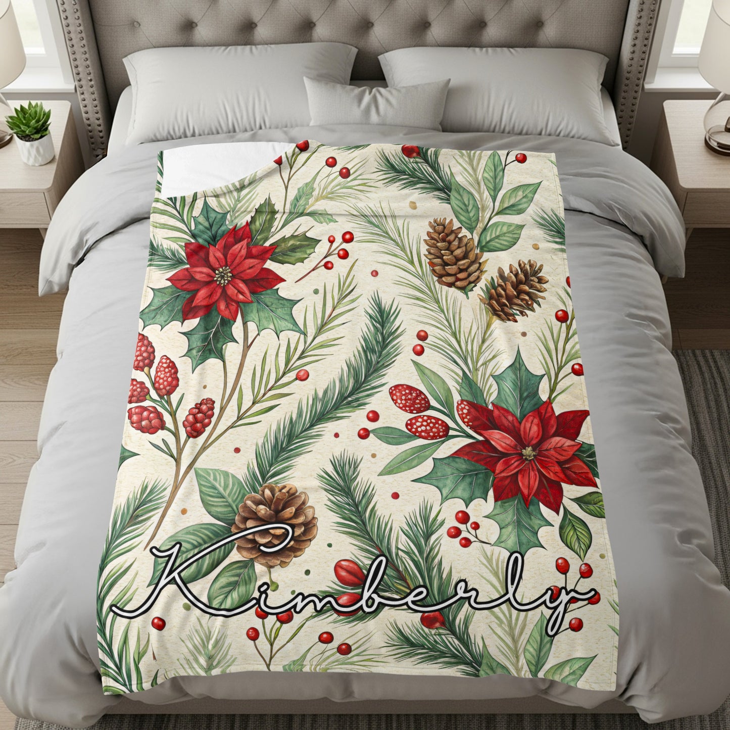 Personalized Christmas Floral Comforter with Name Kimberly