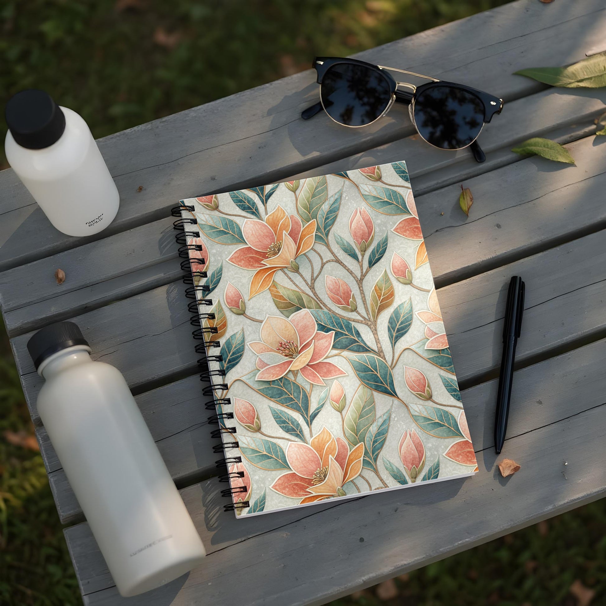 Vibrant Floral Print Notebook with Pink and Green Leaves
