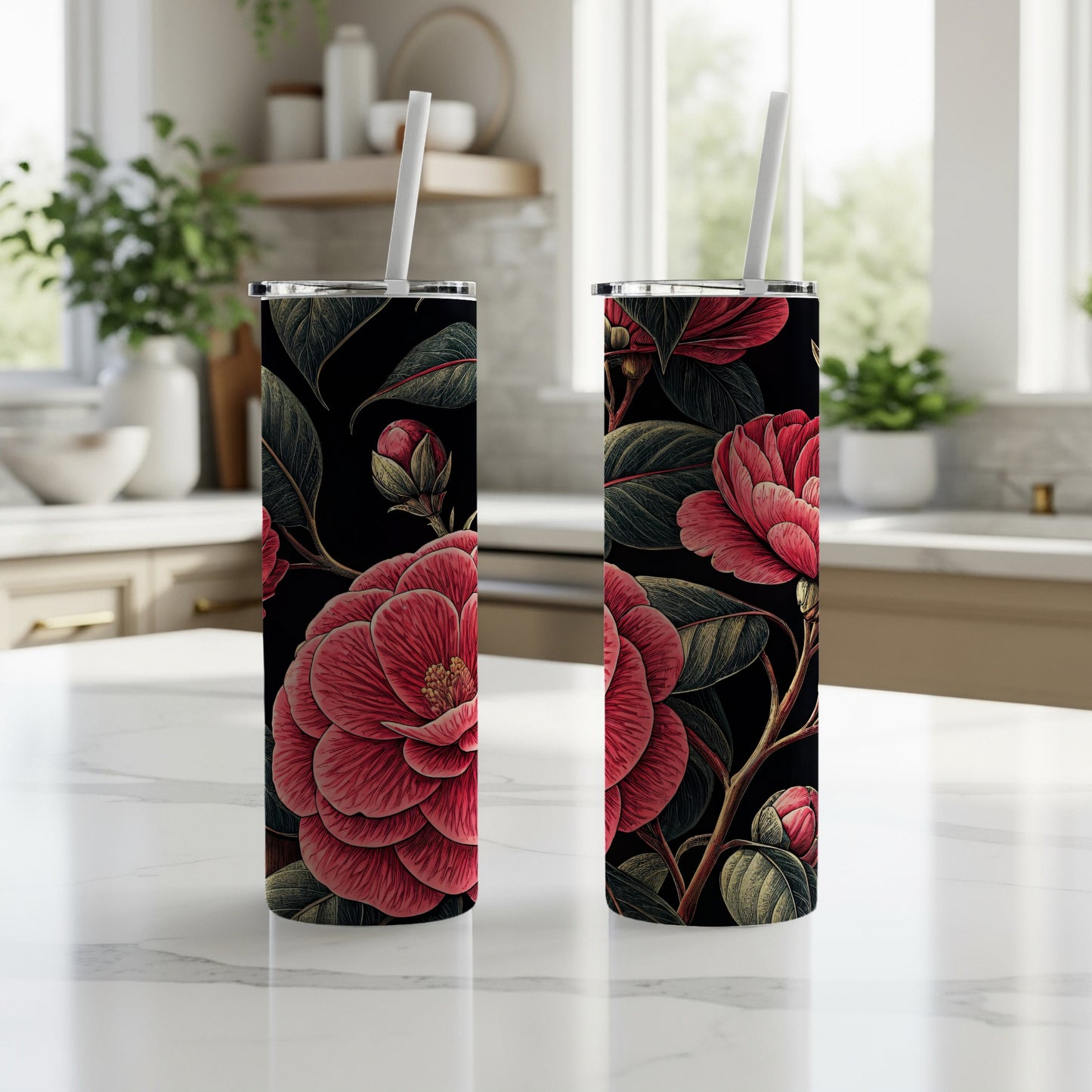 Elegant Black and Red Floral Design Tumbler Product