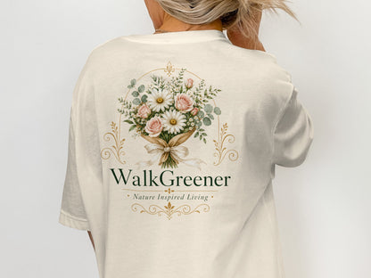 Cream t-shirt with a floral bouquet and "WalkGreener Nature Inspired Living" text.