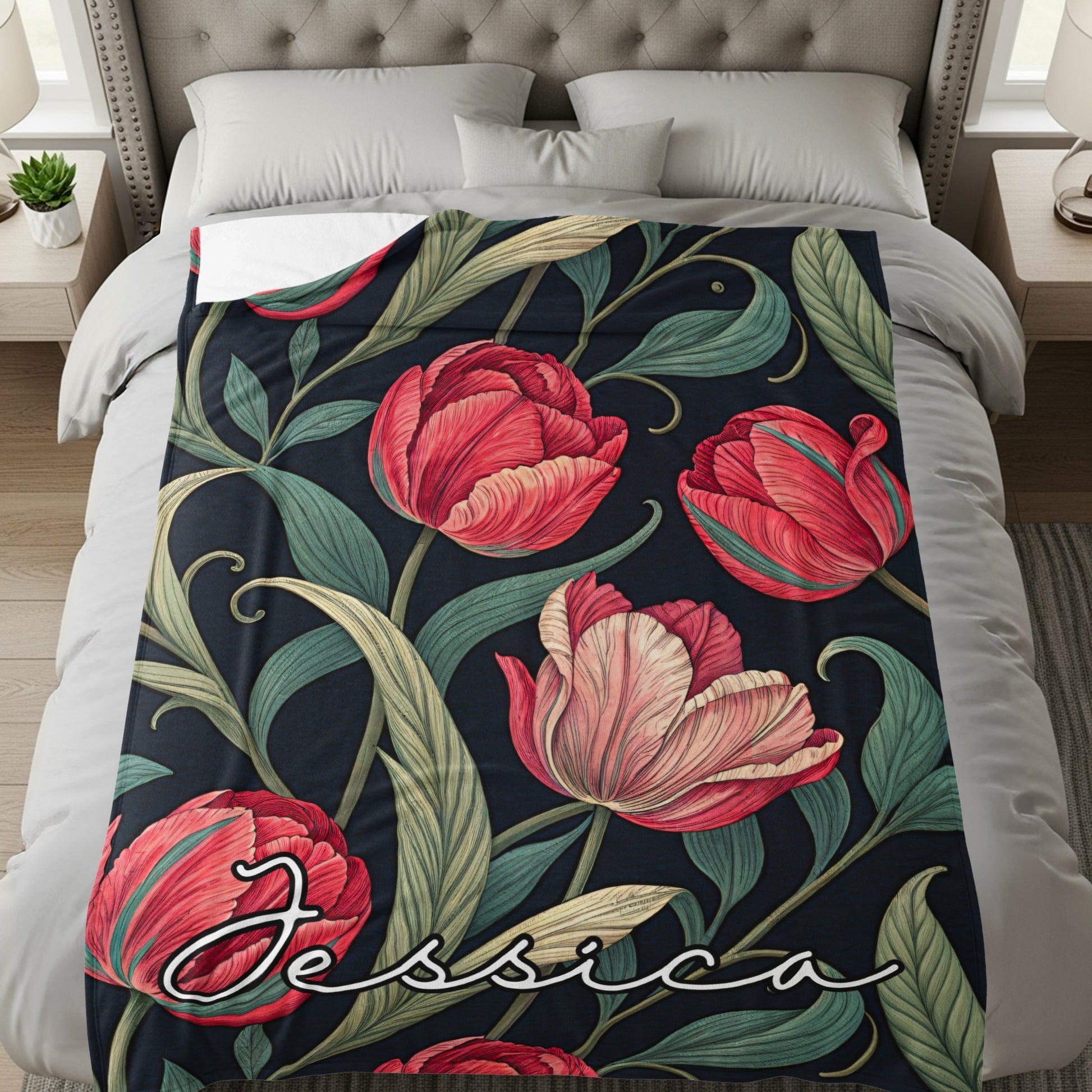Floral Theme Bedspread with Personalized Name Jessica