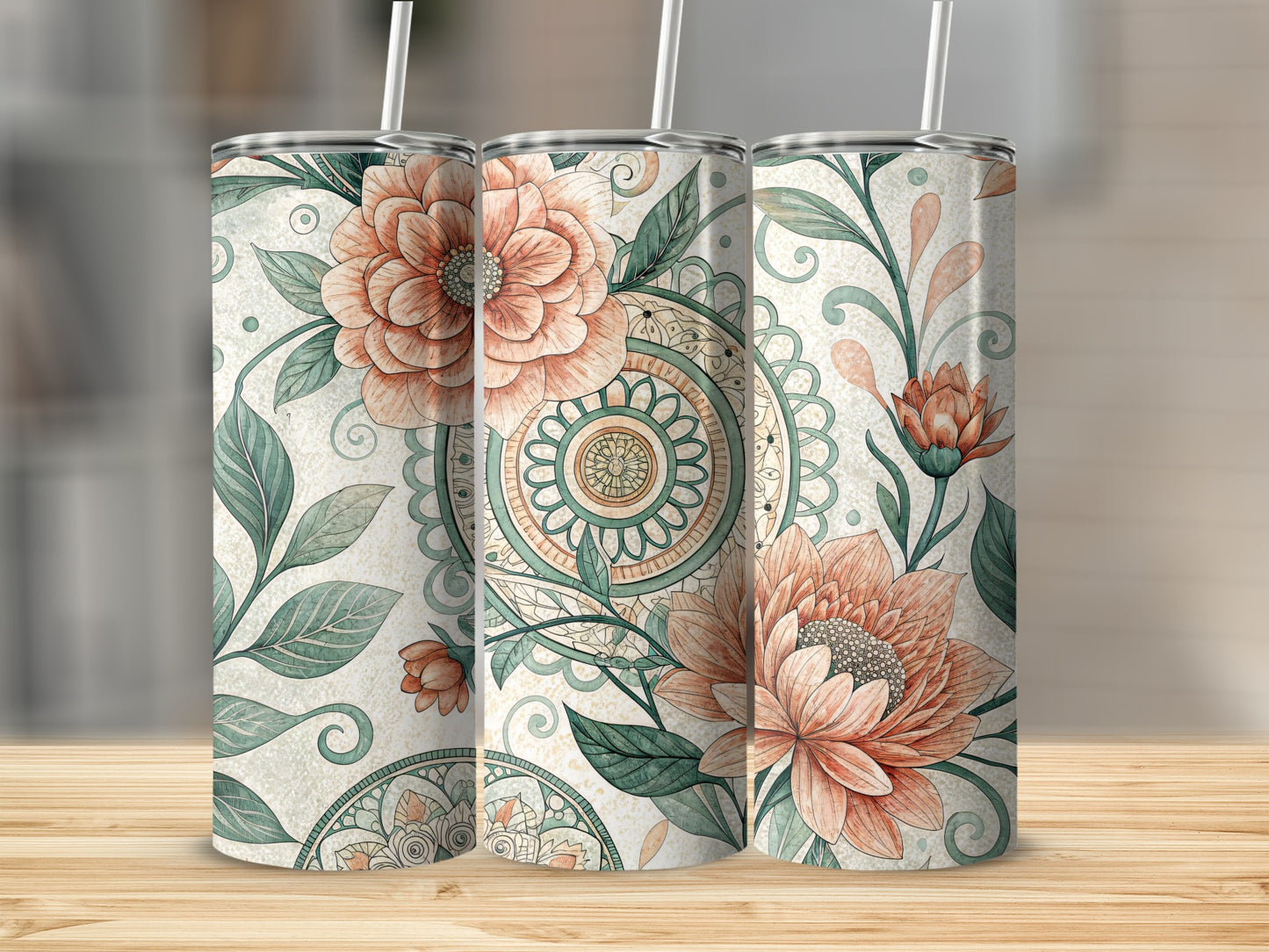 Floral Mandala Watercolor Design 20 oz Skinny Tumbler - Walk Greener