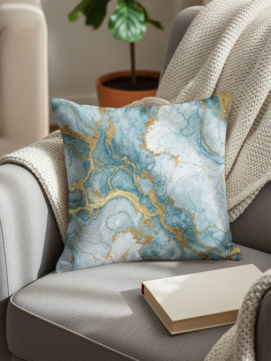 Abstract Gold Veins In Blue Art Decorative Floral Throw Pillows - Walk Greener