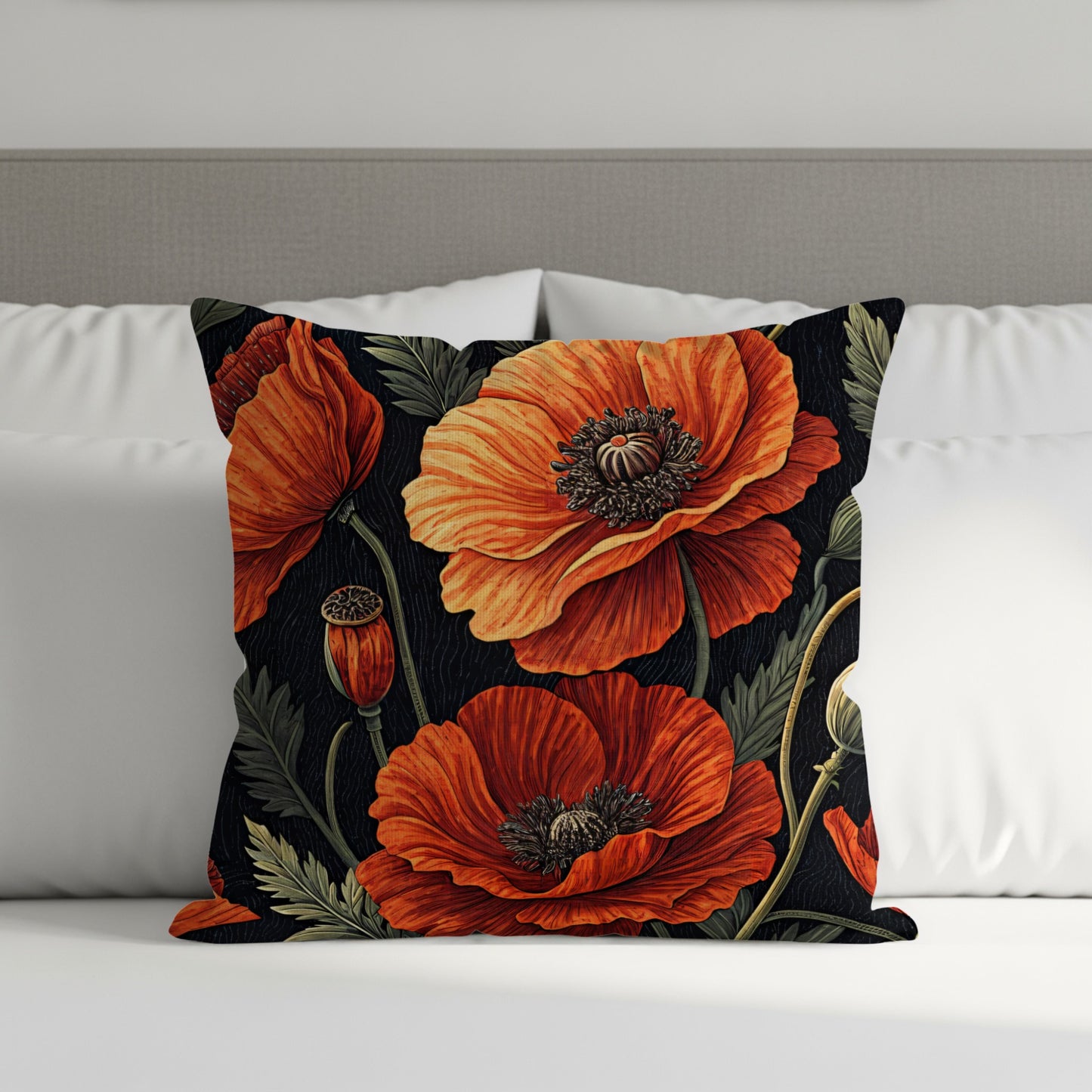Floral Poppy Pattern in Red and Black Theme Pillow
