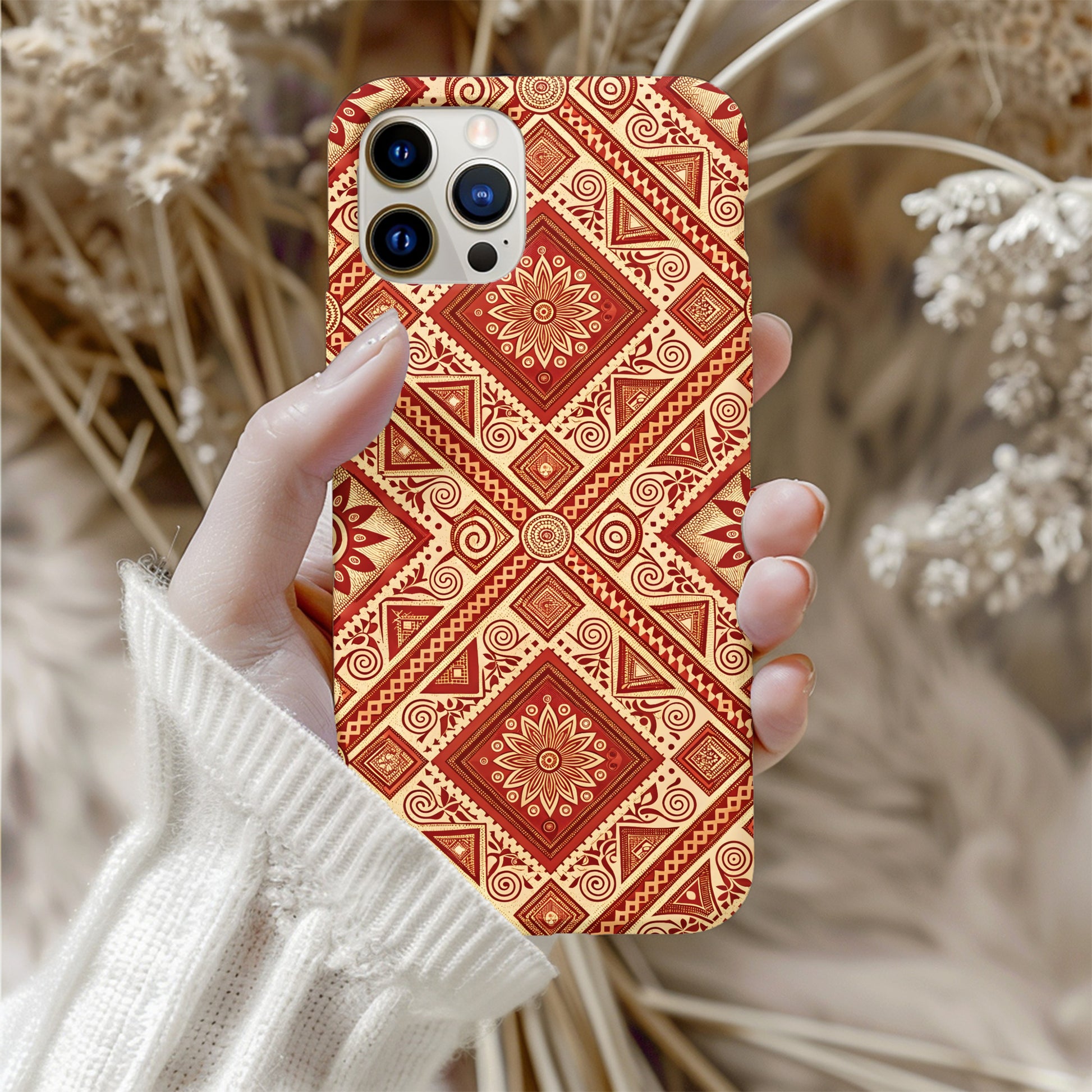Geometric Red and Beige Patterned Phone Case