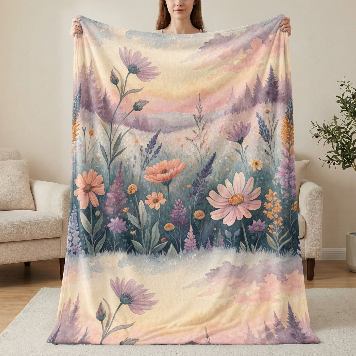 Floral Watercolor Meadow with Sunset Hues Velveteen Plush Blankets - Walk Greener