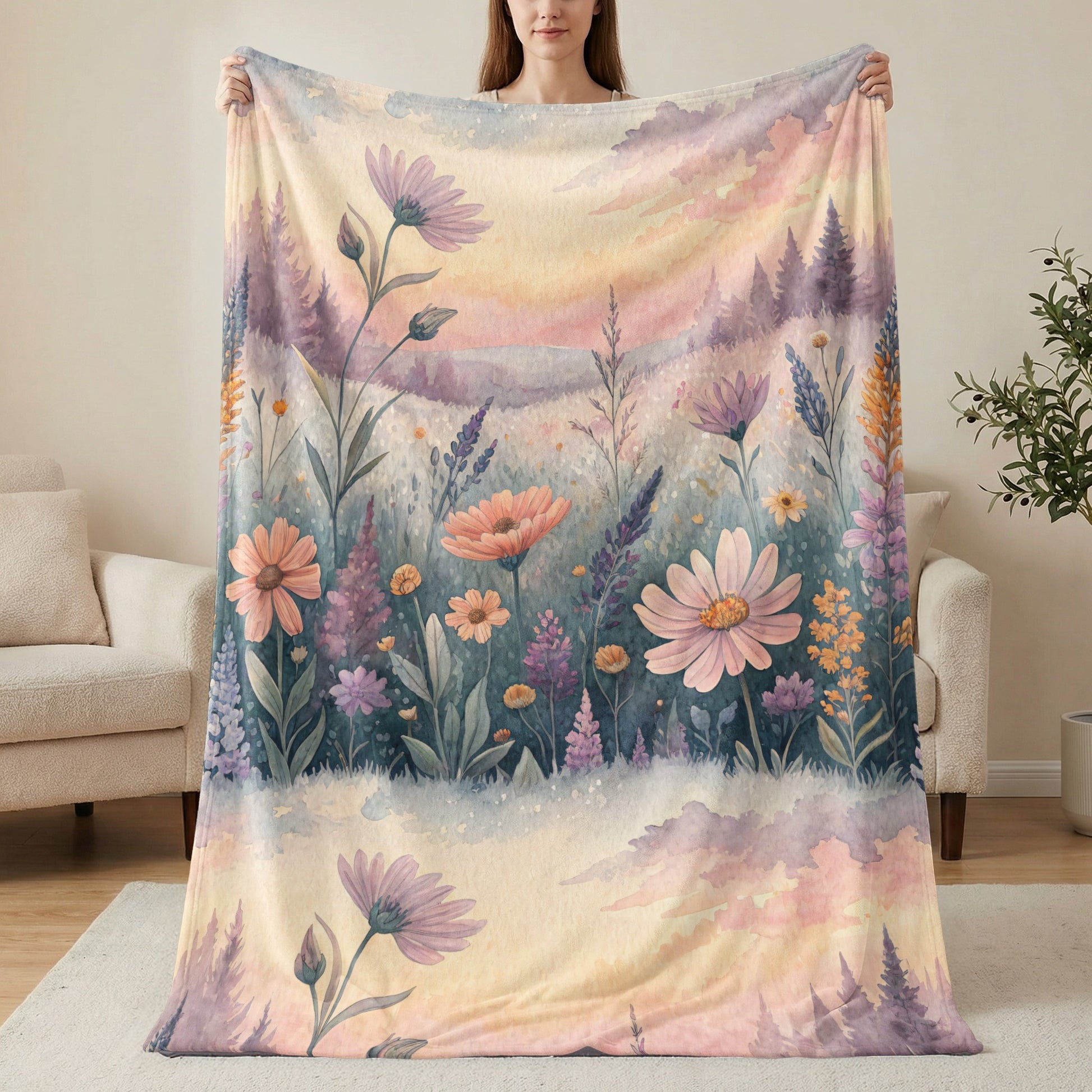 Floral Watercolor Meadow with Sunset Hues Velveteen Plush Blankets - Walk Greener