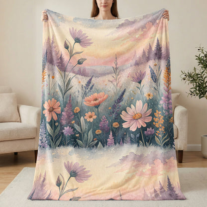 Floral Watercolor Meadow with Sunset Hues Velveteen Plush Blankets - Walk Greener