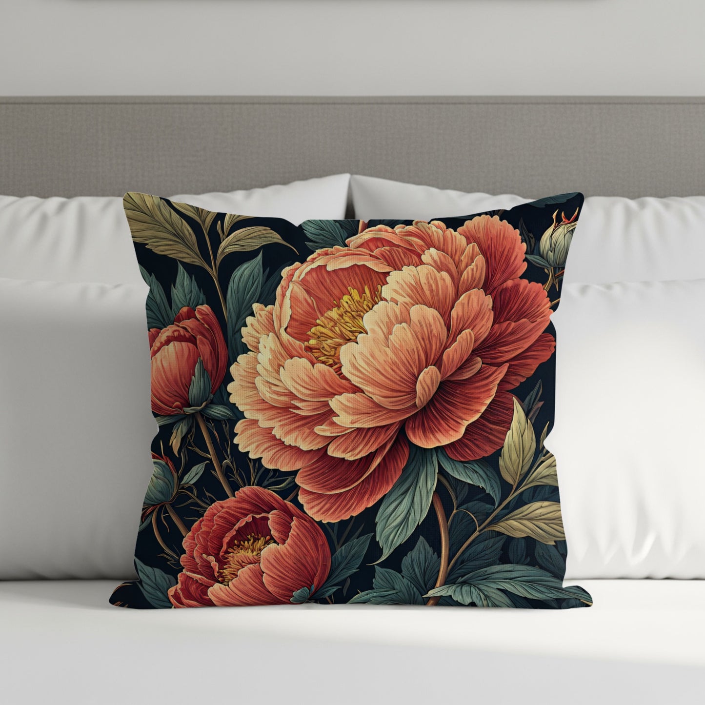 Botanical Peony Garden Print in Coral and Teal Decorative Floral Throw Pillows - Walk Greener
