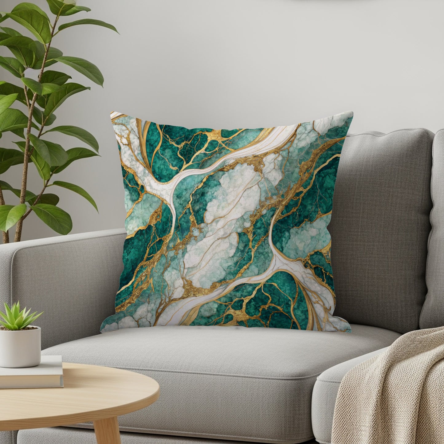 Elegant Green Gold Marble Pattern Throw Pillow