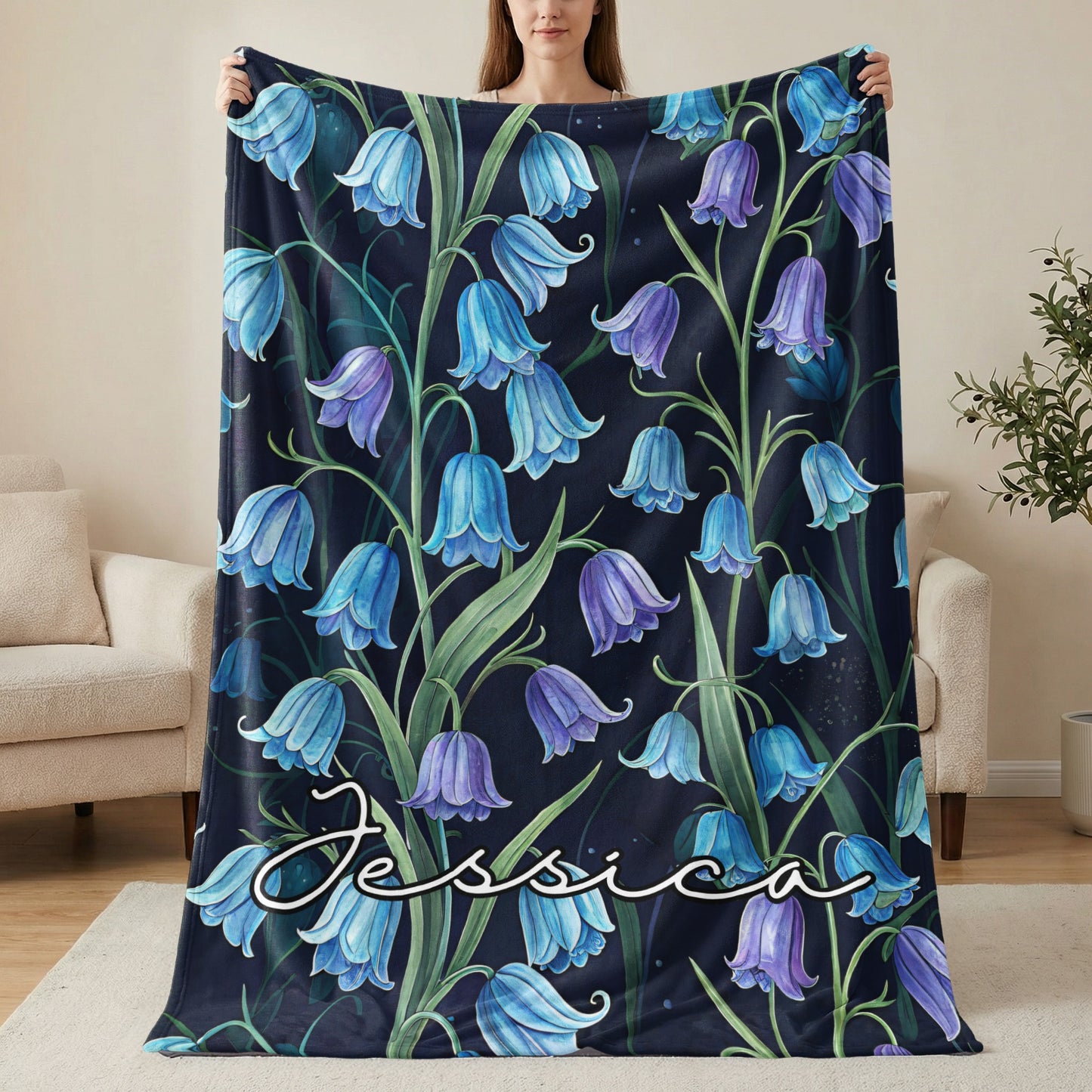 Personalized Blue and Purple Floral Blanket Gift