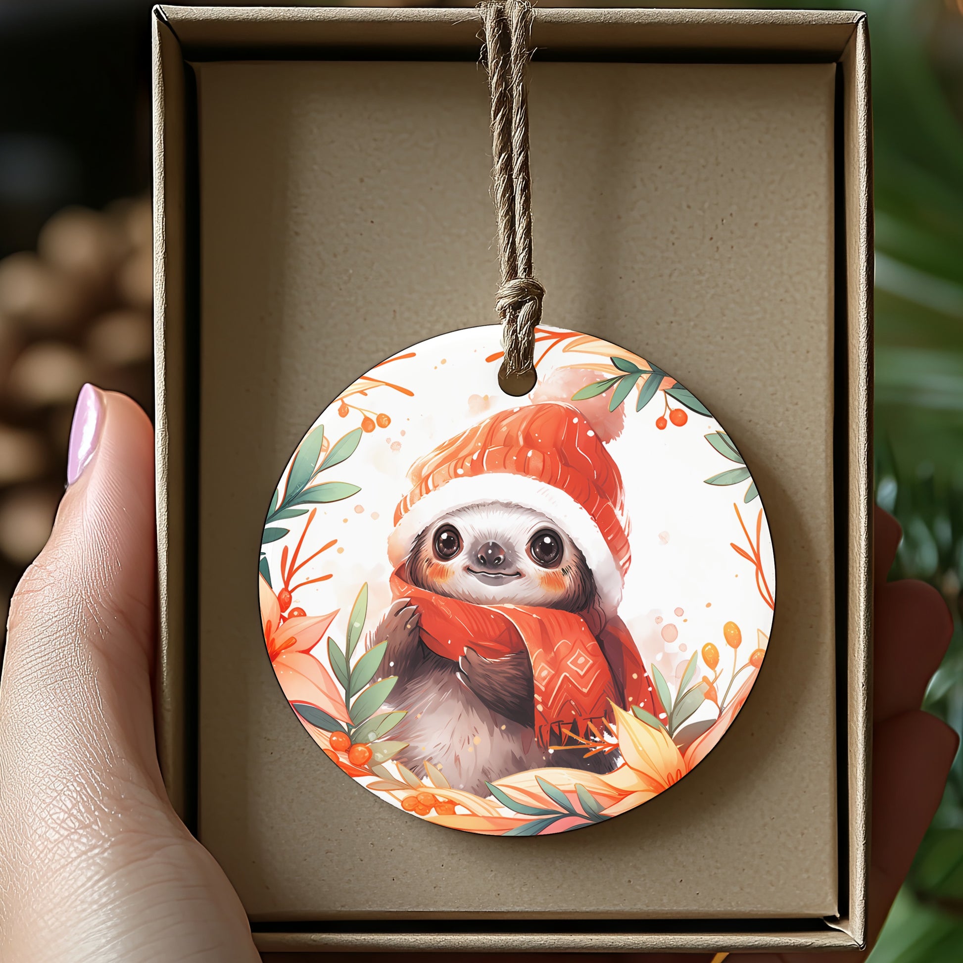 Cute Festive Sloth Illustration Hanging Ornament product