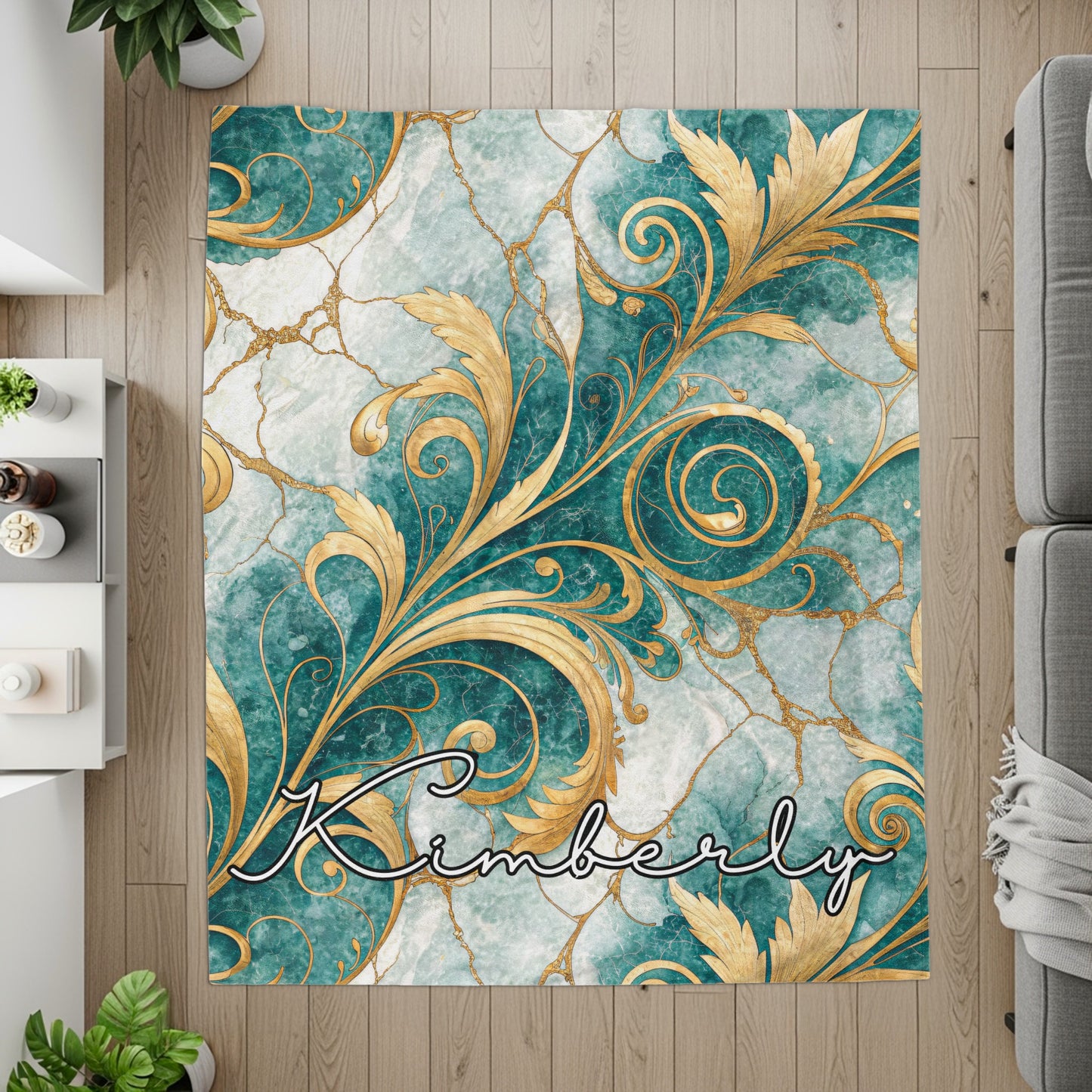 Golden Floral on Blue Custom Name Style Blanket - Walk Greener