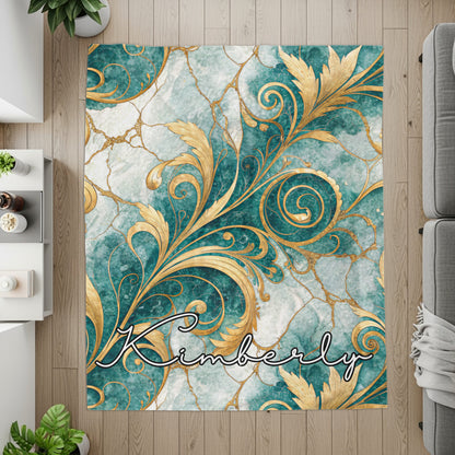 Golden Floral on Blue Custom Name Style Blanket - Walk Greener