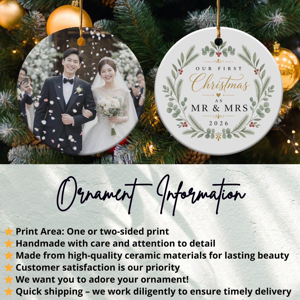 Personalized "Our First Christmas as Mr & Mrs 2026" ornament with wedding photo.