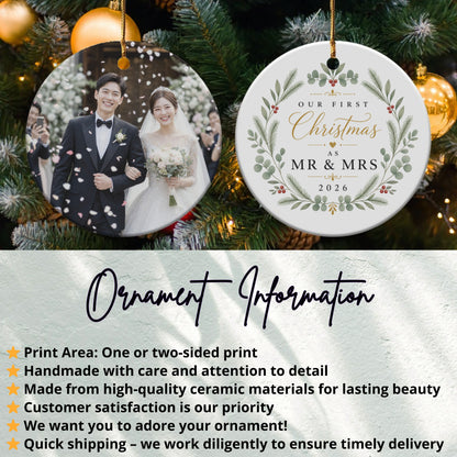 Personalized "Our First Christmas as Mr & Mrs 2026" ornament with wedding photo.