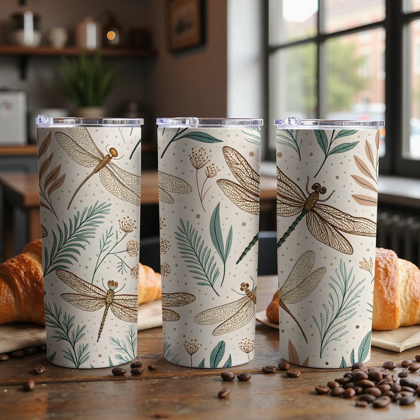 Elegant Dragonfly Print Travel Mugs With Lid Set