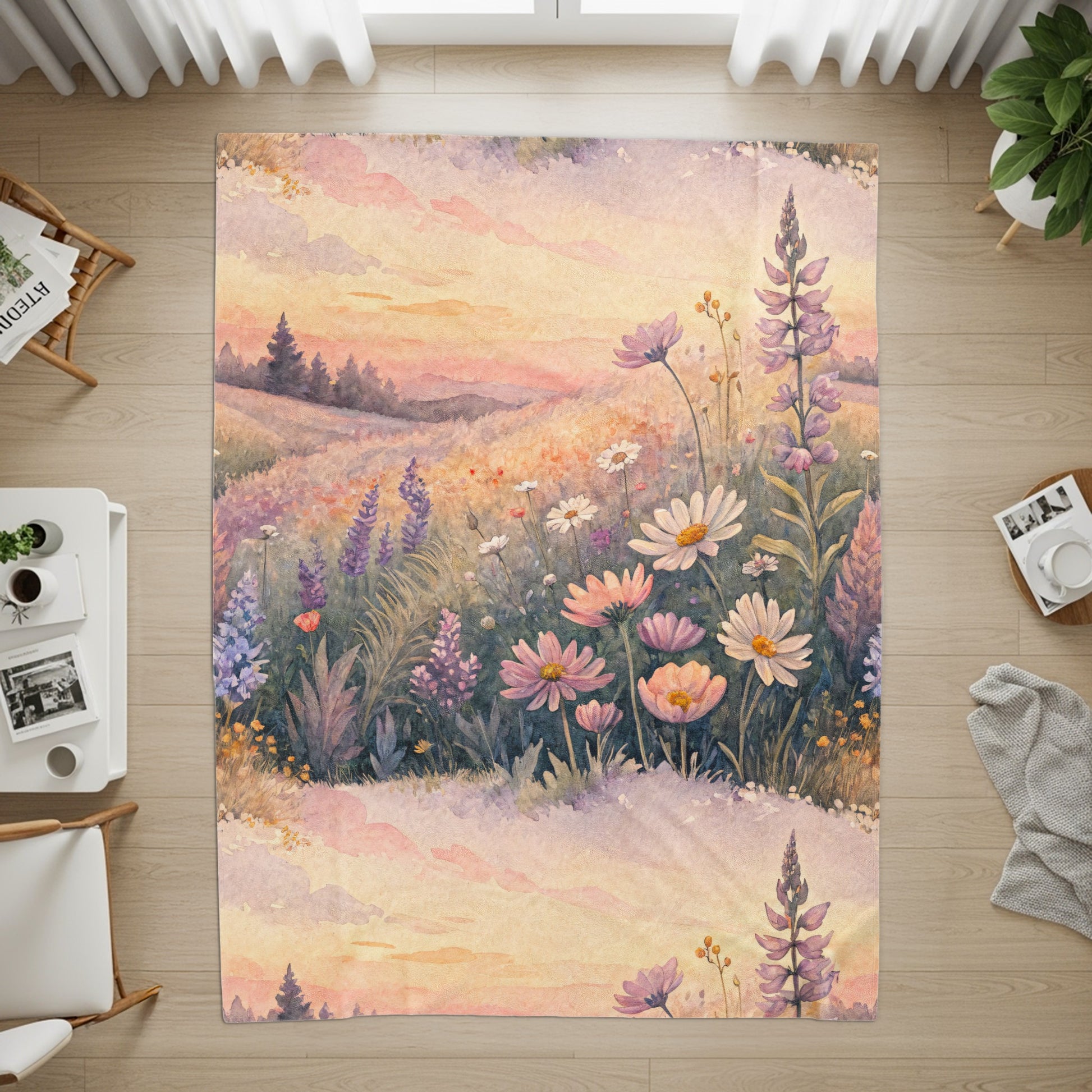 Floral Meadow Landscape Sunset in Watercolor Painting - Walk Greener