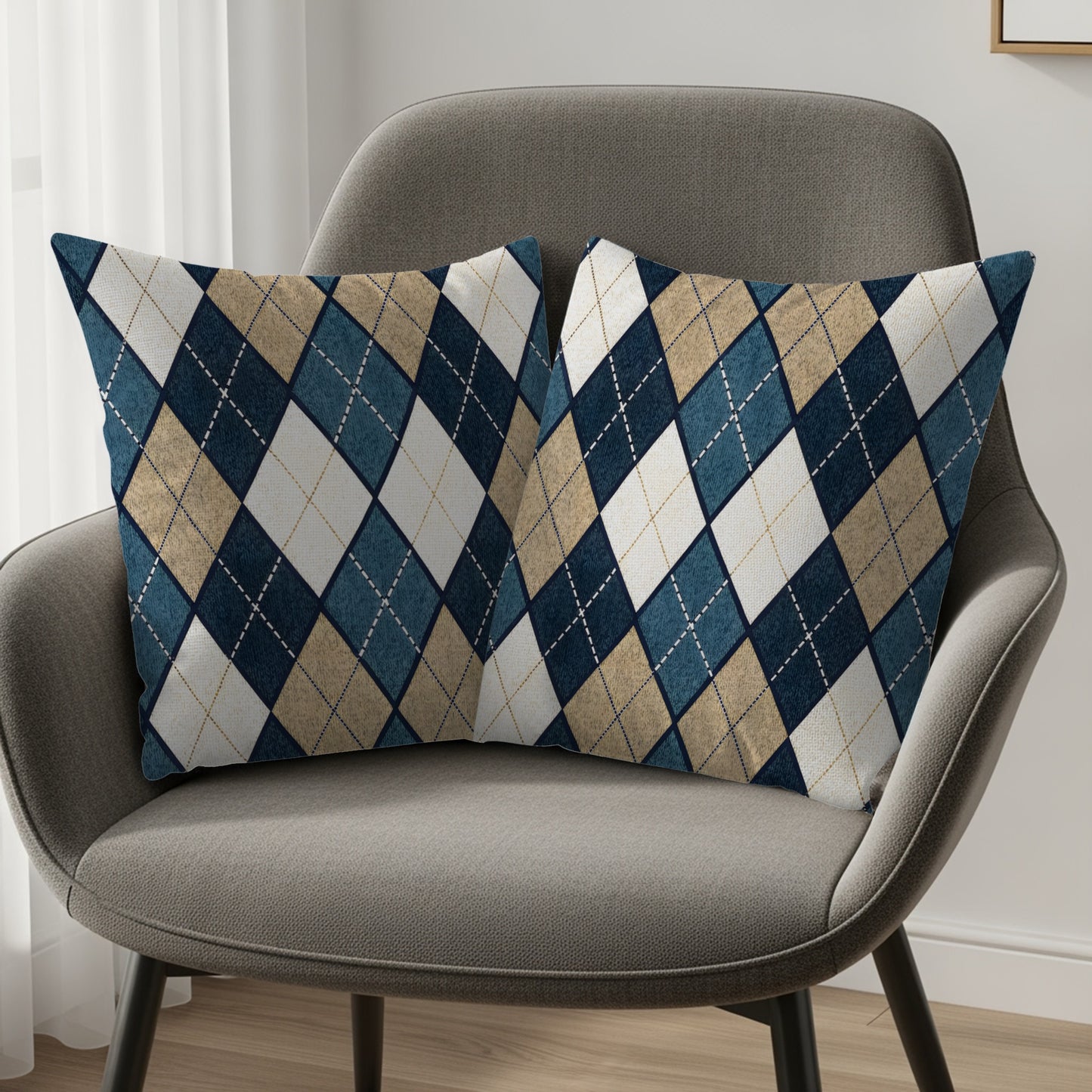 Blue Tan and White Diamond Patterned Argyle Throw Pillows - Walk Greener