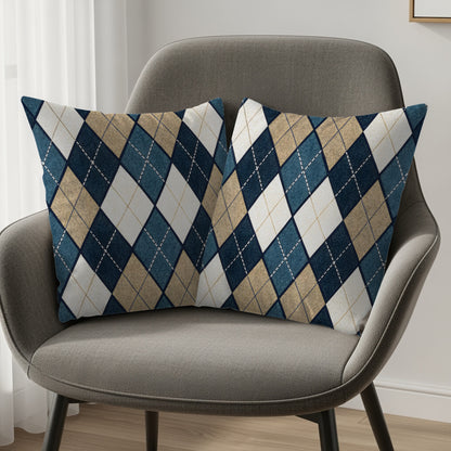 Blue Tan and White Diamond Patterned Argyle Throw Pillows - Walk Greener