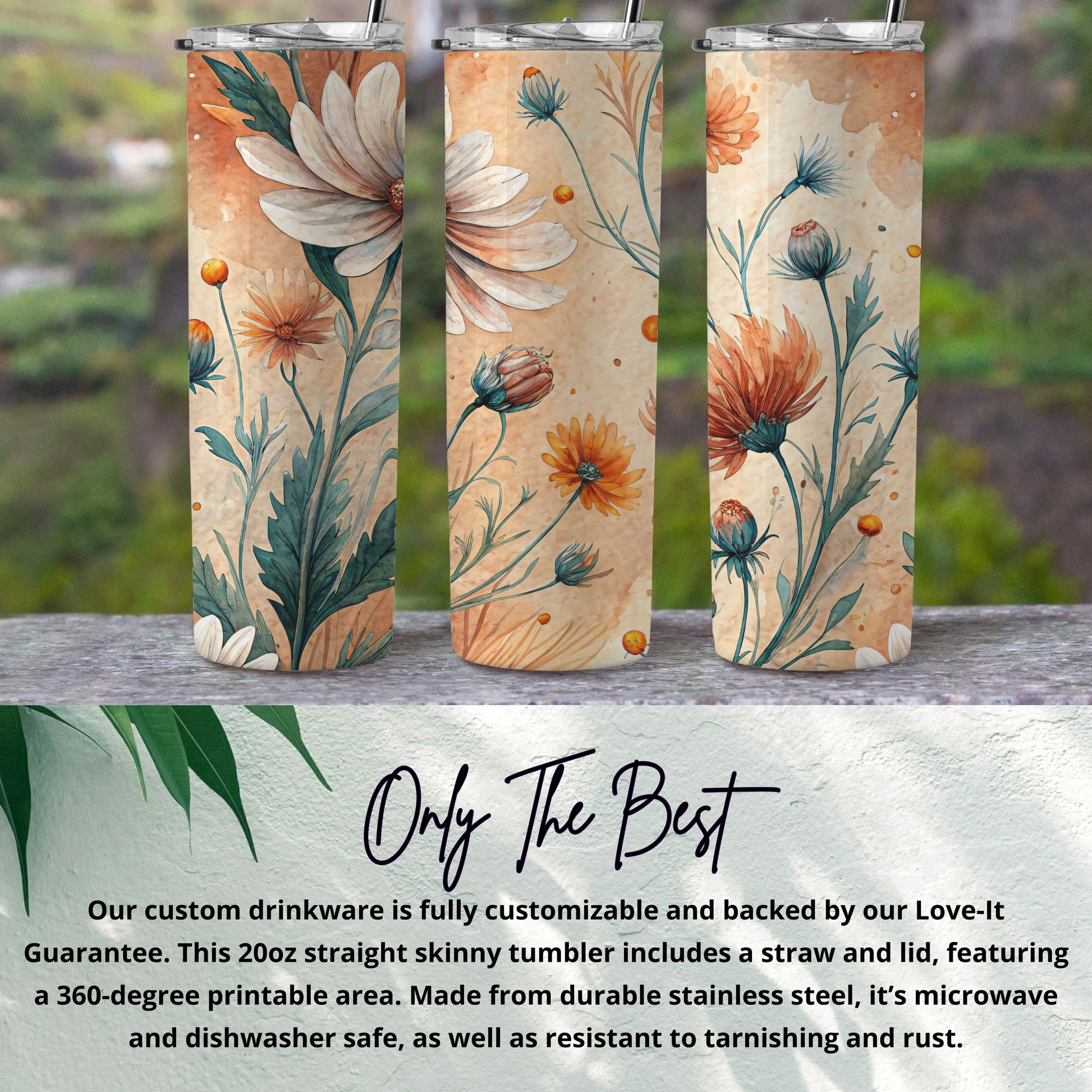 Floral Watercolor Beauty Orange White 20 oz Skinny Tumbler - Walk Greener