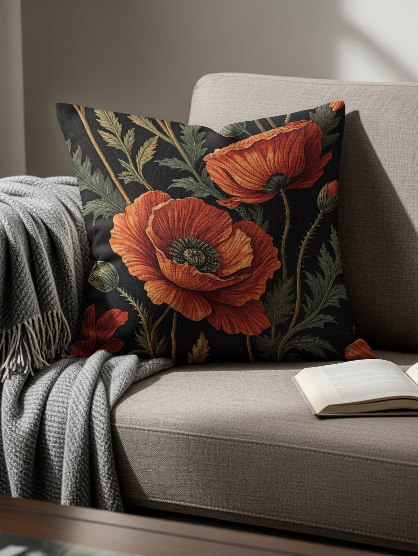 Floral Pattern with Red Poppies on Black Decorative Floral Throw Pillows - Walk Greener