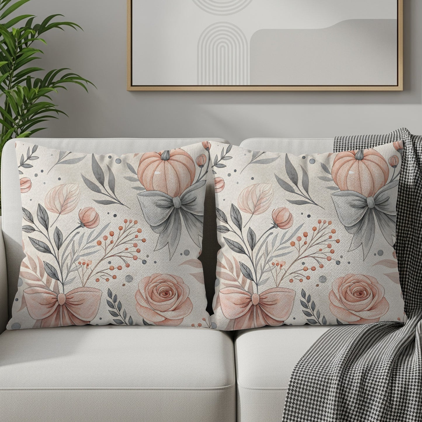Autumn Floral Throw Pillow with Pumpkins and Bows