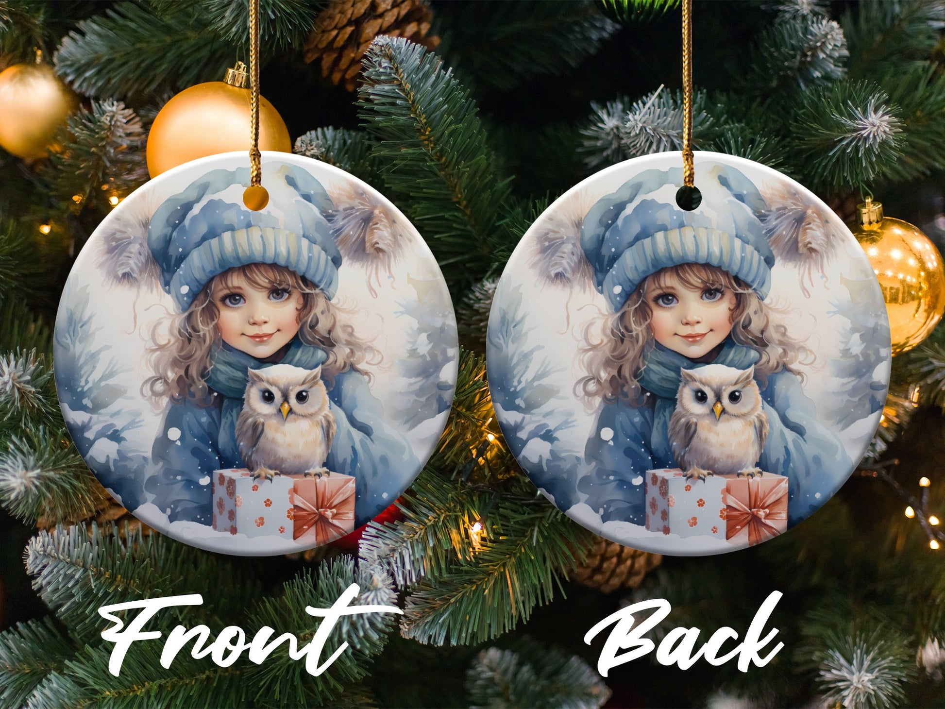 Cute Girl with Owl on Christmas Tree Ornament product