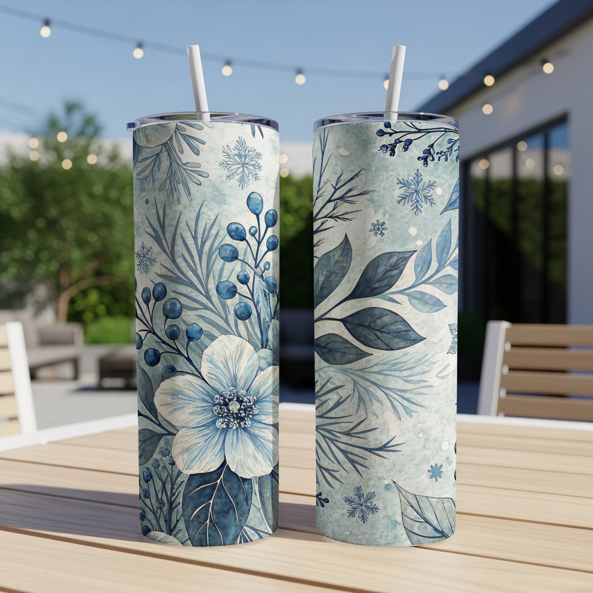 Elegant Floral Design Blue Themed Drinkware Tumblers