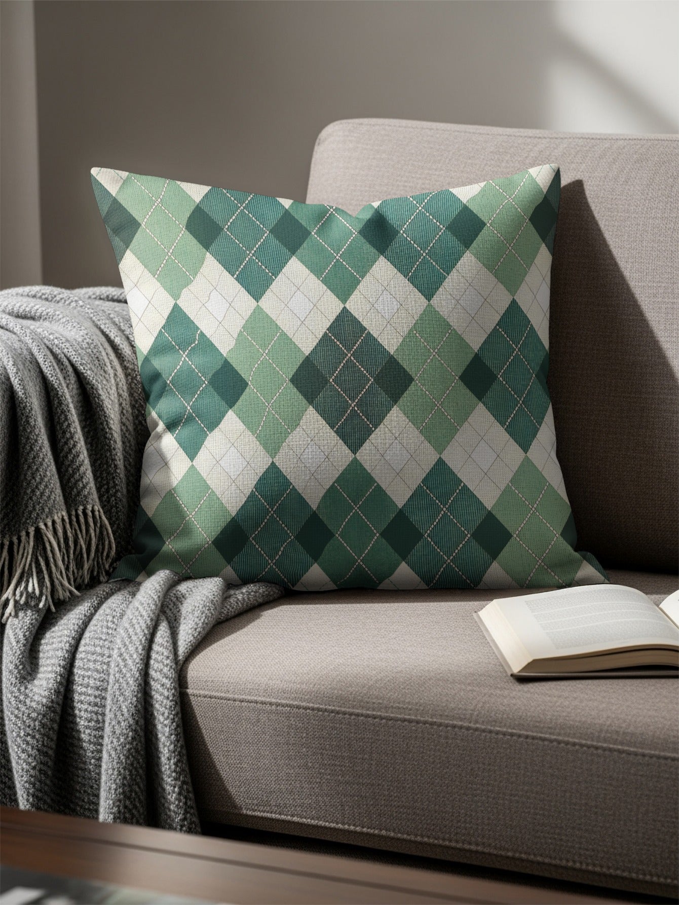 Green and White Argyle Pattern Decorative Pillow