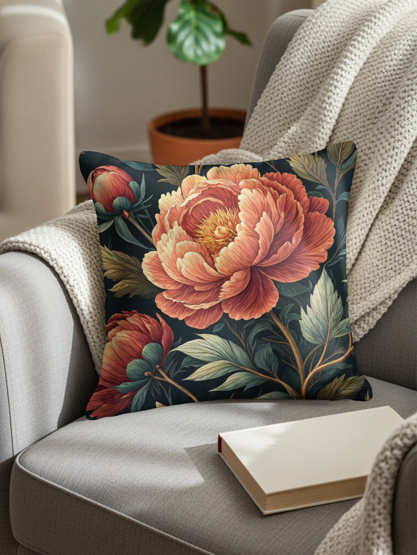 Elegant Floral Art Peonies with Dark Background Decorative Floral Throw Pillows - Walk Greener