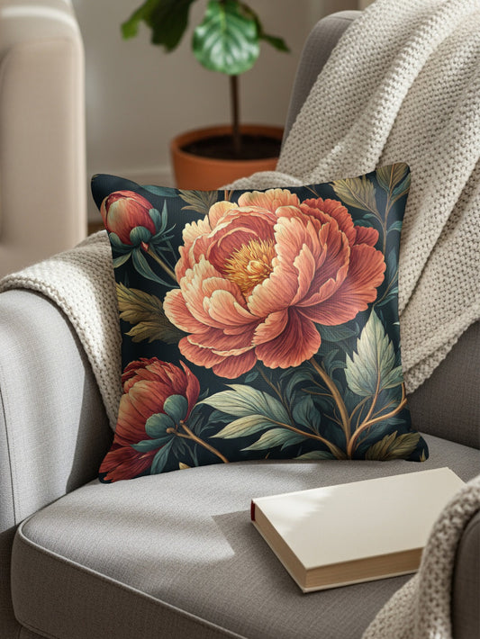 Elegant Floral Art Peonies with Dark Background Decorative Floral Throw Pillows - Walk Greener